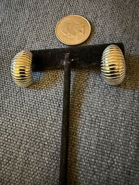 Monet Vintage Post Back Silver Tone Textured Half Hoop Earrings. Signed.